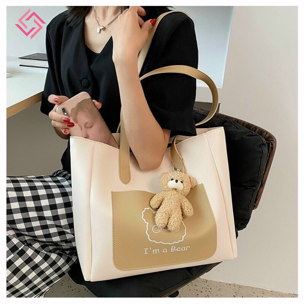 Túi tote da đeo vai nữ vừa sách vở A4 túi xách nữ to cao cấp đẹp kèm phụ kiện gấu LUCIA STORE TXN66