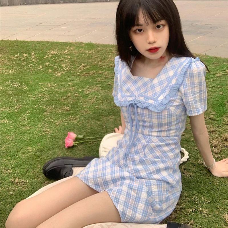 (K4) Váy đầm Ulzzang Hàn Quốc kẻ ô thắt nơ ôm dáng màu xanh loại đẹp