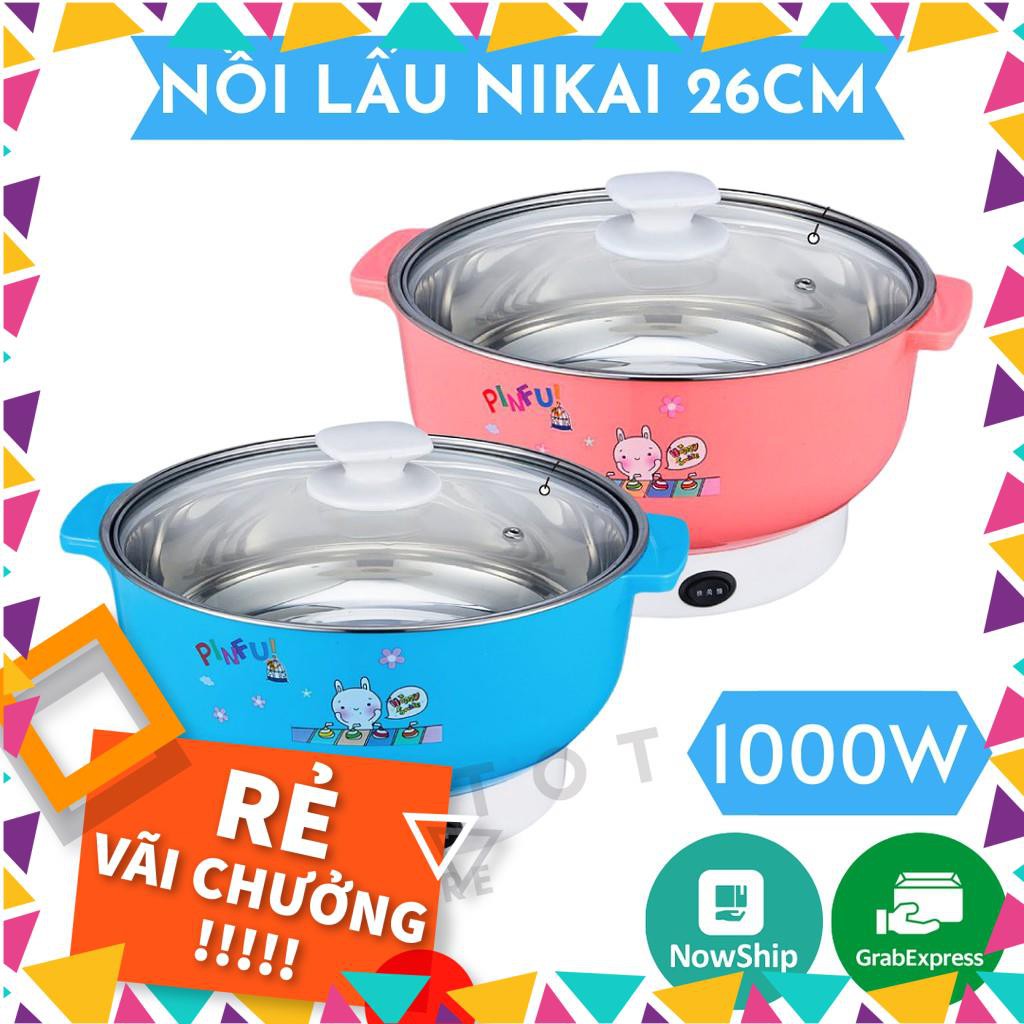Nồi lẩu điện mini 26cm Nikai vung kính 1000W - Nồi lẩu đa năng gia đình 26cm siêu tốc BẢO HÀNH 6 THÁNG
