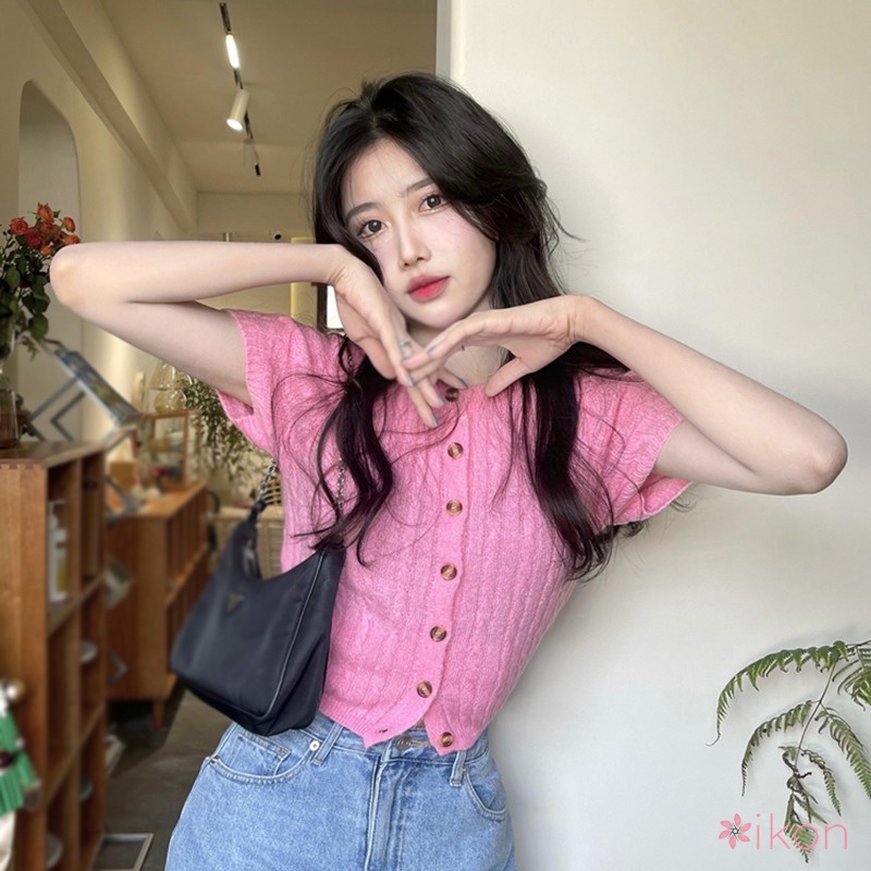 O Croptop Dệt Kim Tay Ngắn Cổ Tròn Màu Sắc Trơn Phong Cách Hàn Quốc Thời Trang Cho Nữ Dệt Kim Tay Ngắn Cổ Tròn Cho Phái Nữ