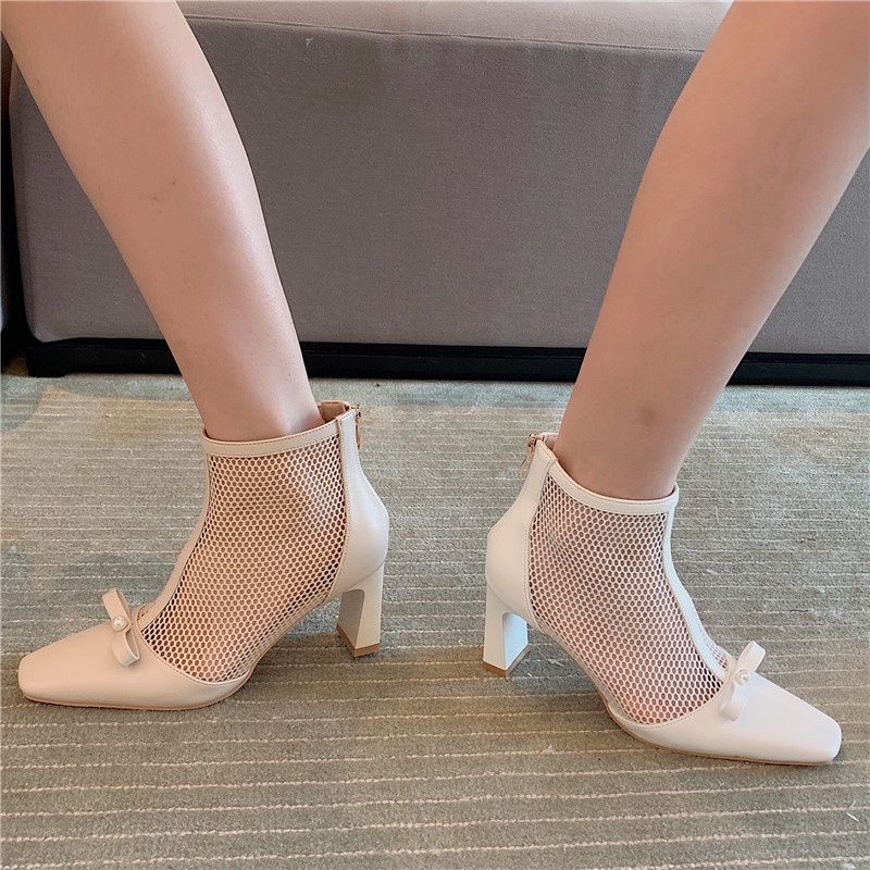 2021Early Autumn New Style White Mesh Boots Internet Hot High Heels Sandal Boots Summer Thin Hollow Chunky Mid Heel Booties