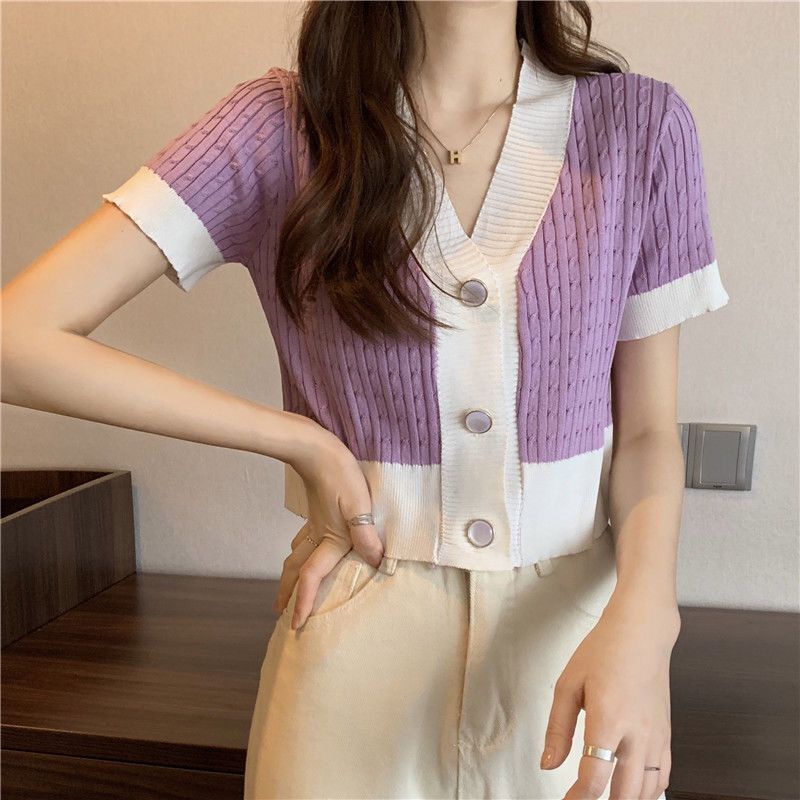 Áo Cardigan Dệt Kim Tay Ngắn Cổ Chữ V Thời Trang Mùa Hè Cho Nữ