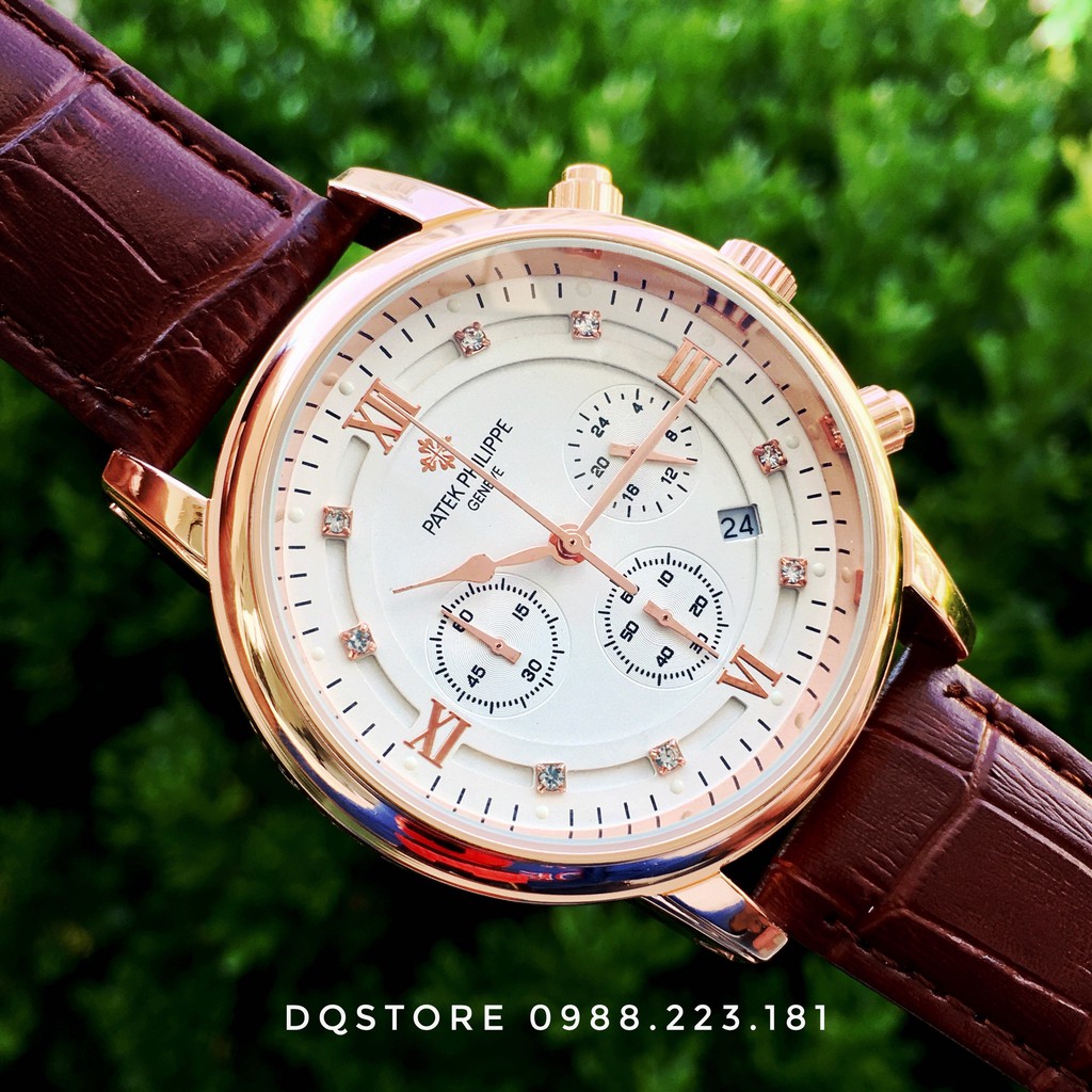 Đồng hồ nam dòng Chronograph, Patek-Philip, mặt kính saphire đổi màu, dây da cao cấp, chống nước rất tốt