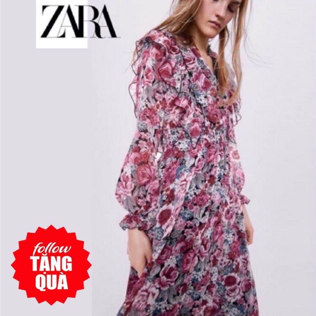 Đầm ZARA voan hoa hồng lá xám cực đẹp DH9MXG6N10