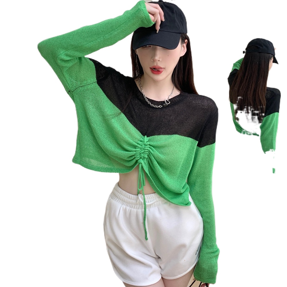 Áo Sweater Dệt Kim Dáng Ngắn Phối Dây Rút Kiểu Hàn Quốc Thời Trang Mùa Thu Cho Nữ
