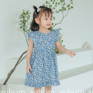 Váy bé gái Auly cánh tiên họa tiết hoa nhí xanh dương chất liệu thô cotton mềm mát thấm hút mồ hôi