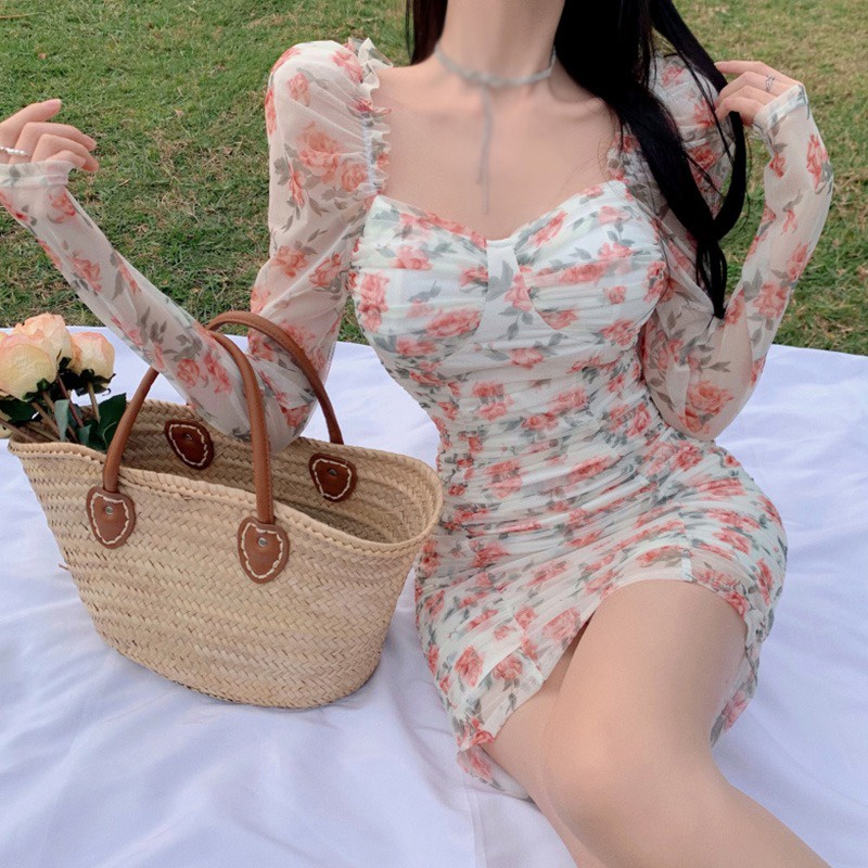 Đầm Lưới Tay Phồng Dài Cổ Vuông Xếp Ly Quyến Rũ Thời Trang Hàn Quốc Cho Nữ