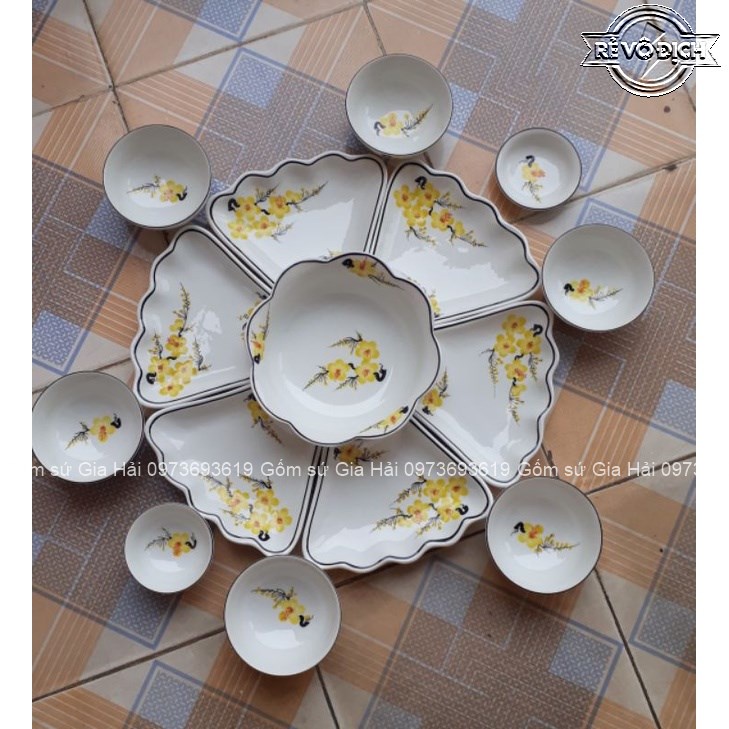 Bộ bát đĩa Hoa mặt trời vẽ mai vàng đường kính 45cm - Hàng sứ Bát Tràng