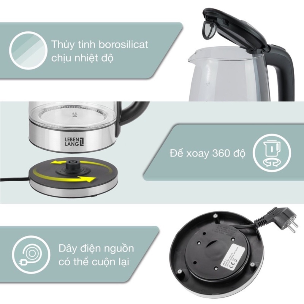 Ấm siêu tốc thủy tinh KAW, Dung Tích 2L, Đun Siêu Tốc, Trong Suốt, Cường Lực Tự Ngắt Khi Sôi