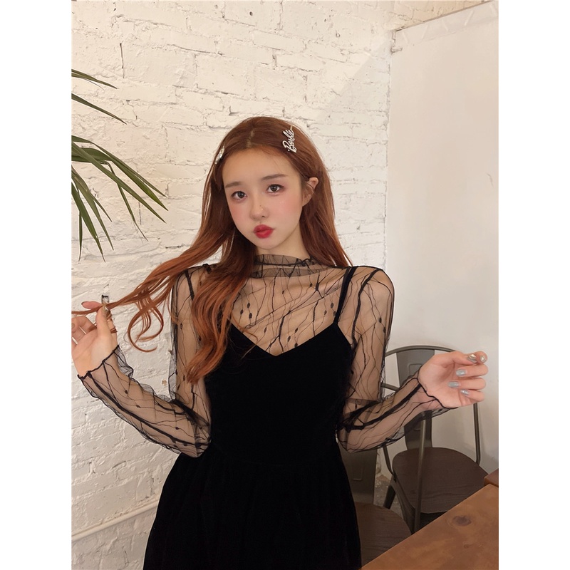 Áo lưới ren mỏng tay dài cổ cao thời trang cho nữ MS68