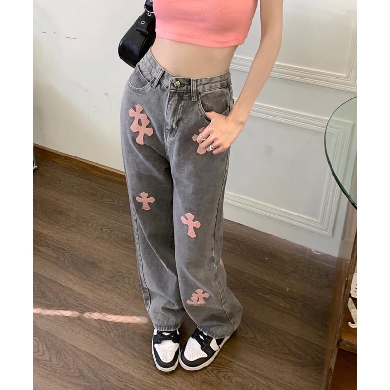 Quần Jeans Nữ Dài Ống Rộng Lưng Cao Thời Trang Hàn