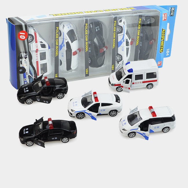 Bộ 5 xe ô tô cảnh sát mini bằng sắt đồ chơi trẻ em chạy cót xe mở được cửa