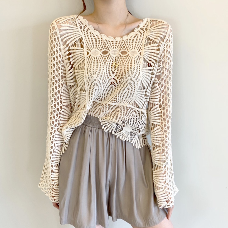 SUXI Áo Kiểu Hàn Quốc Cổ Tròn Tay Dài Chống Nắng Dáng Rộng Phối Ren Dễ Phối Đồ