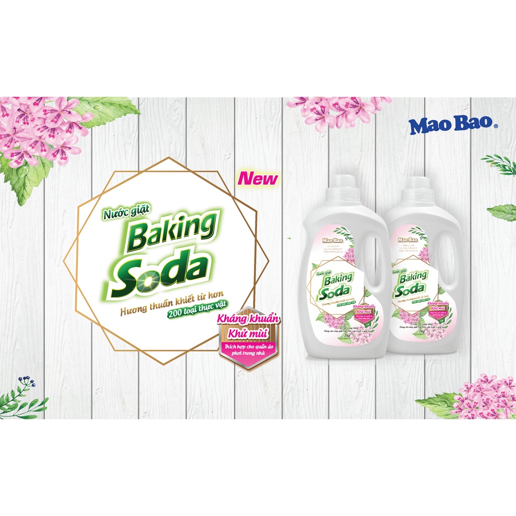 Nước giặt khử mùi Baking soda Mao Bao 2Kg cho da nhạy cảm, ít bọt dễ giặt xả, dùng cho cửa trên và cửa trước