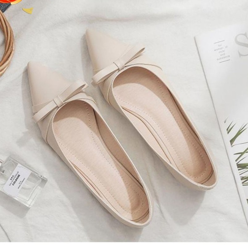 Giày nữ mã LTB3 màu kem mũi nhọn cao 3cm phong cách đơn giản dễ phối đồ