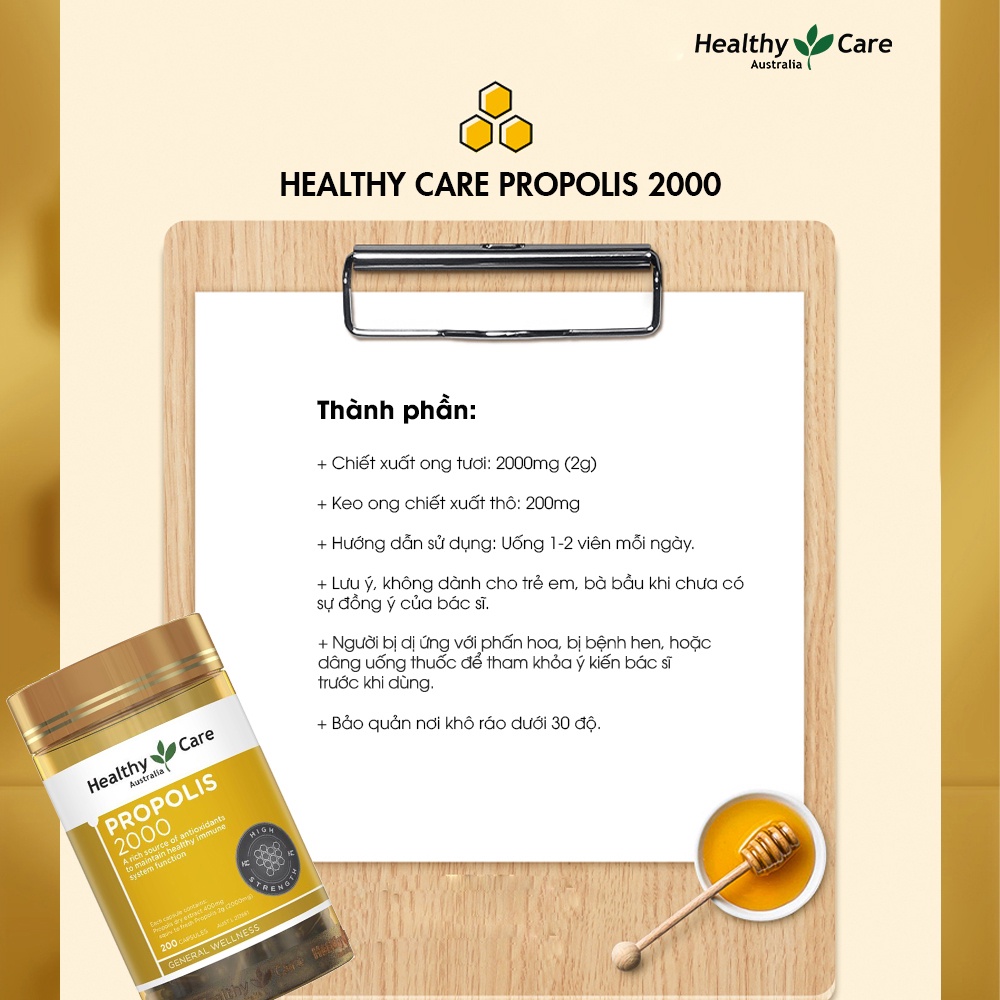 Viên uống keo ong tăng cường miễn dịch Healthy Care Propolis 200 viên