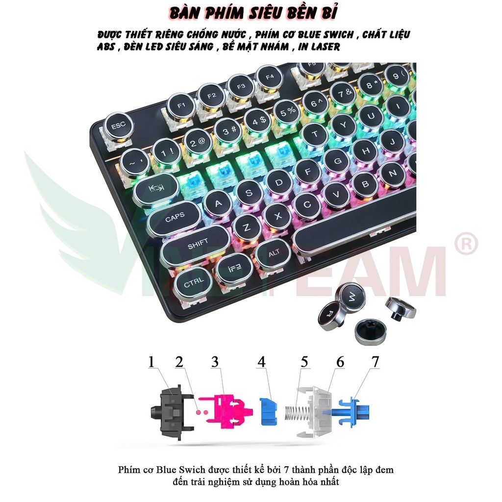 Bàn phím cơ Gaming HJK917 Blue Switch Chống nước  Full LED hiện đại, thời trang ,Phong Cách Cổ Điển Mẫu mới 2022 -dc4785