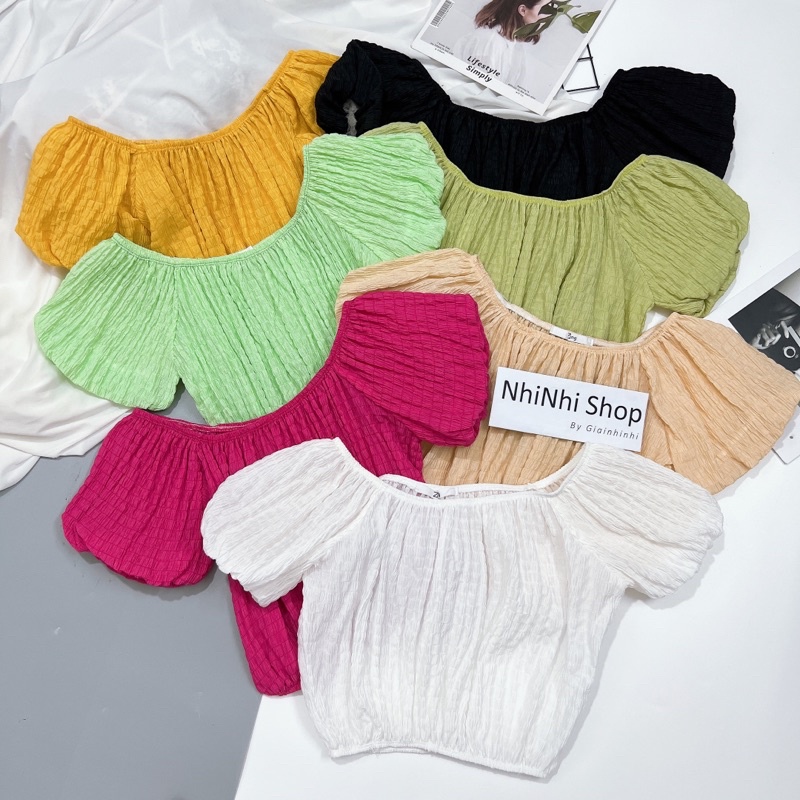 Xả hàng - Áo xốp bo chun trễ vai dáng croptop, Áo kiểu thiết kế form ngắn AK6039 - NhiNhi Shop