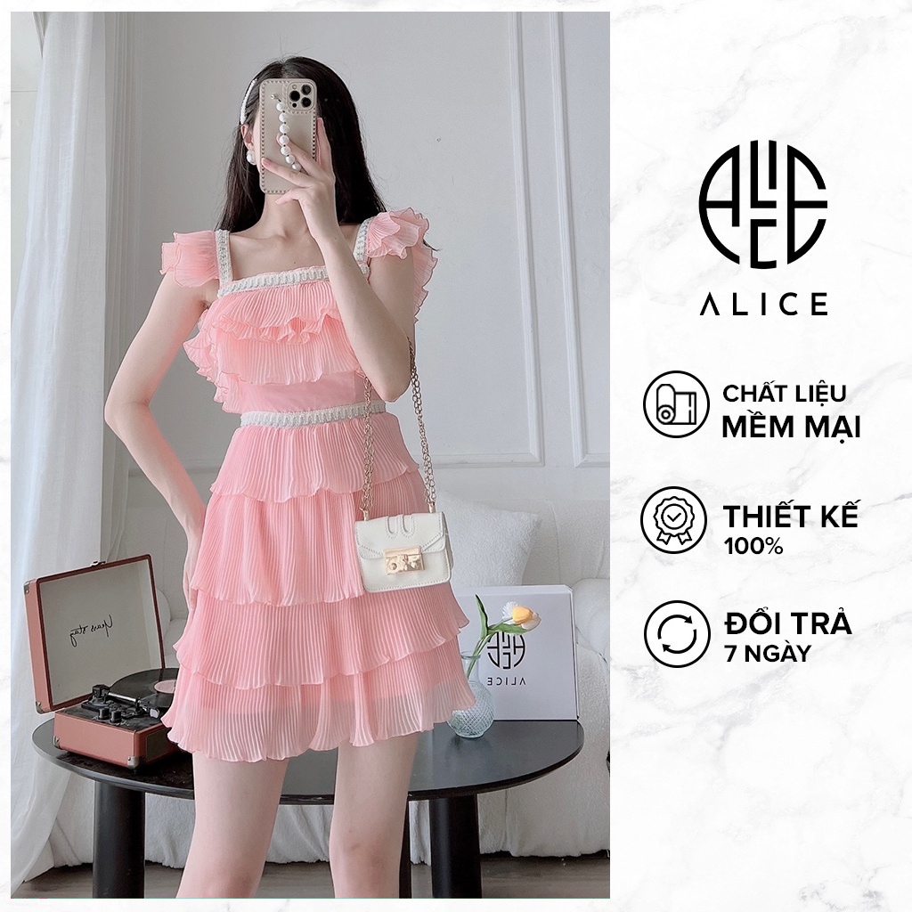 Đầm Tiểu Thư Dáng Xòe ALICE Chất Tơ Mềm Lót Lụa Thiết Kế Chân Váy Dập Li 4 Tầng Tay Cánh Tiên V796