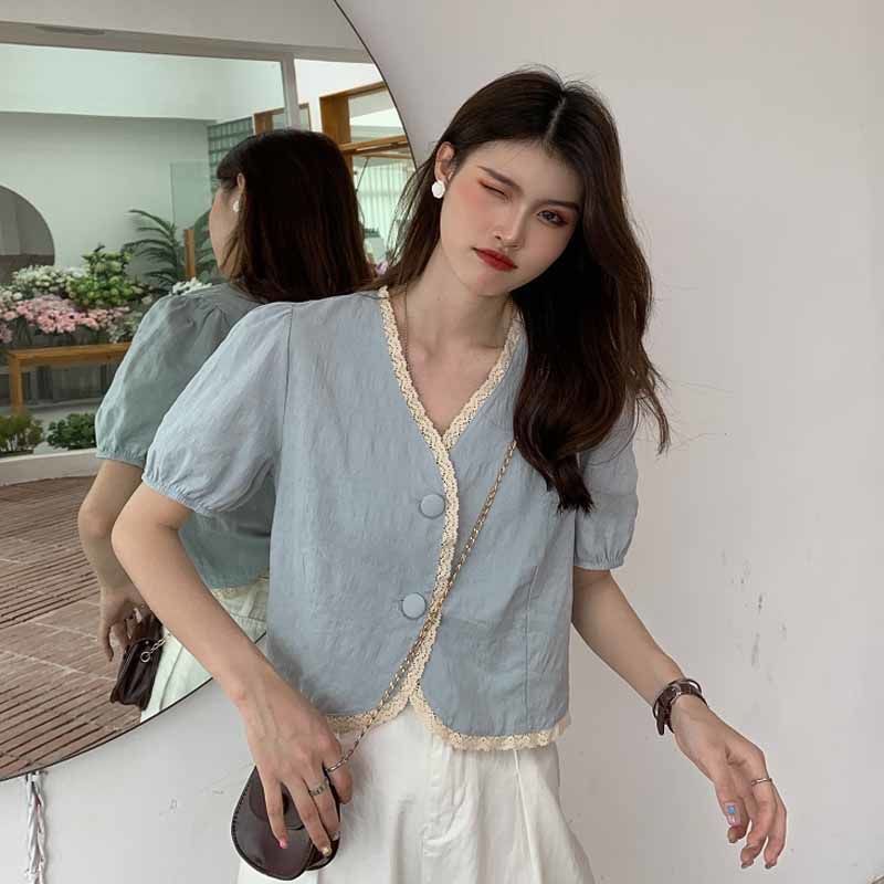 Áo Kiểu Tay Phồng Cổ Chữ V Thiết Kế Mới Thời Trang Mùa Hè Dành Cho Nữ