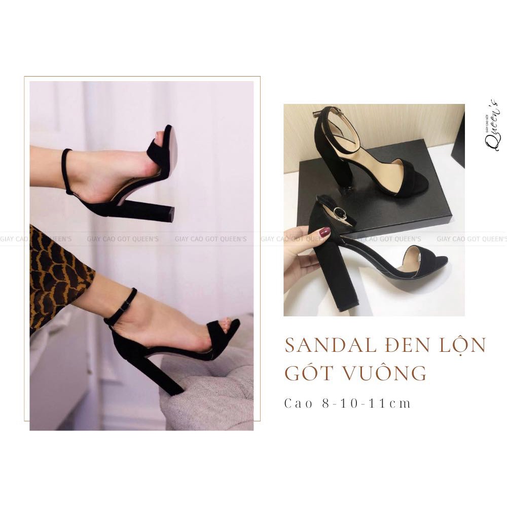 Giày Sandal Cao Gót Màu Đen Đế Vuông Da Lộn Quai Mảnh Êm Ái Cho Nữ Công Sở Thời Trang, Giày Hàng Hiệu Cao 8-10-11 Phân