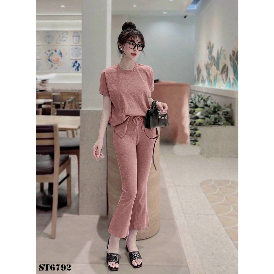 Set bộ thun gân quần dài, bộ áo thun trơn cổ tròn quần ống loe đơn giản dạo mặc nhà dạo phố xinh