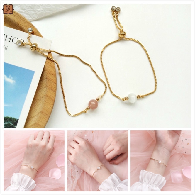 Vòng đeo tay xỏ hạt đá Opal màu hồng/trắng thời trang Hàn Quốc điều chỉnh được