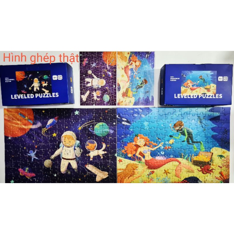 Xếp hình cho bé từ 3 tuổi puzzle 5 cấp độ level up loại cao cấp tặng kèm sticker và bảng thành tích