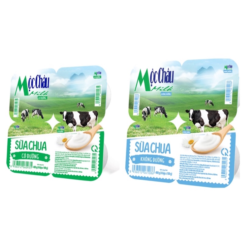 VỈ 4 HỘP SỮA CHUA MỘC CHÂU CÓ ĐƯỜNG/ KHÔNG ĐƯỜNG 100G