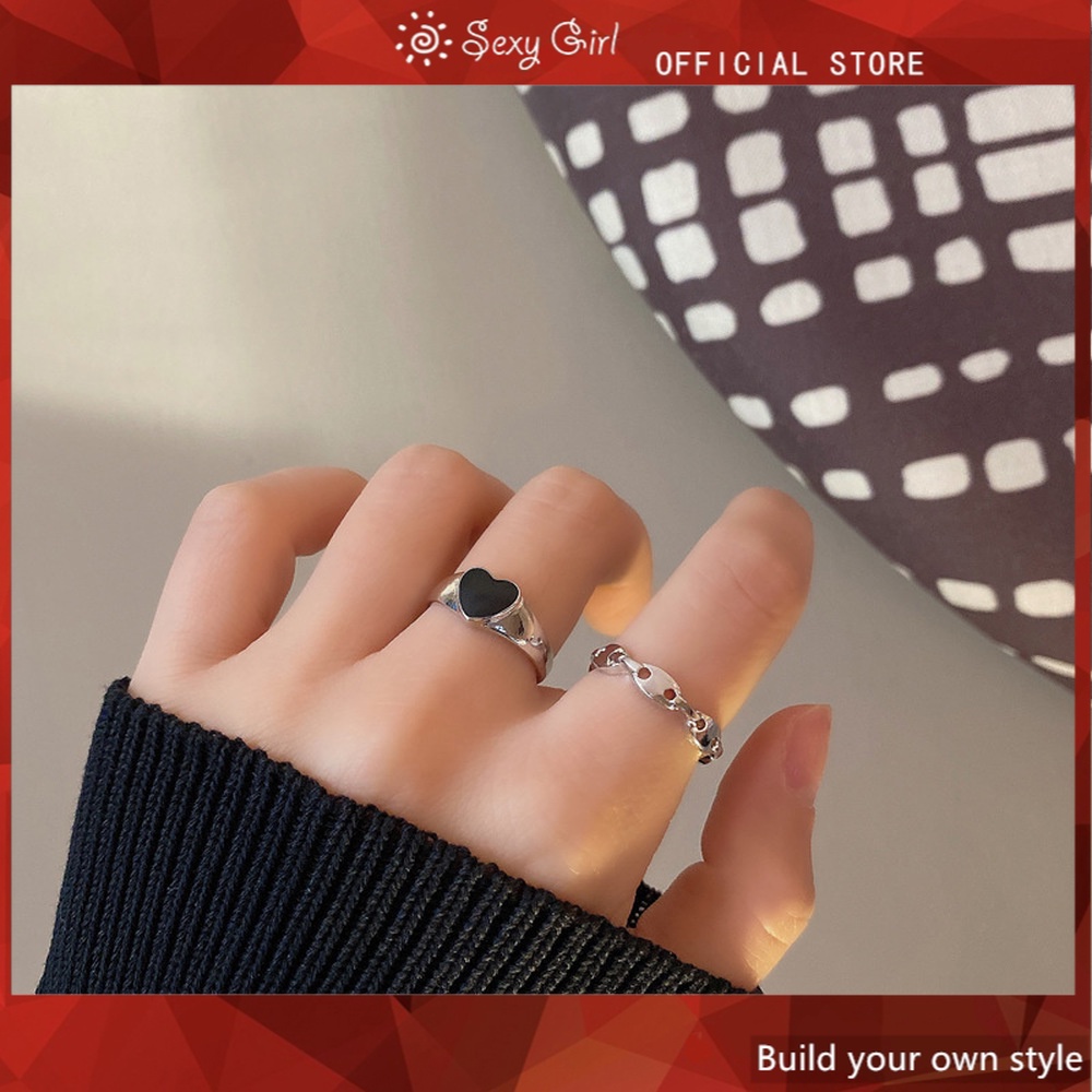 Set 2 nhẫn hở hình trái tim và kiểu dáng không cân xứng phong cách hip hop thời trang cá tính cho nữ