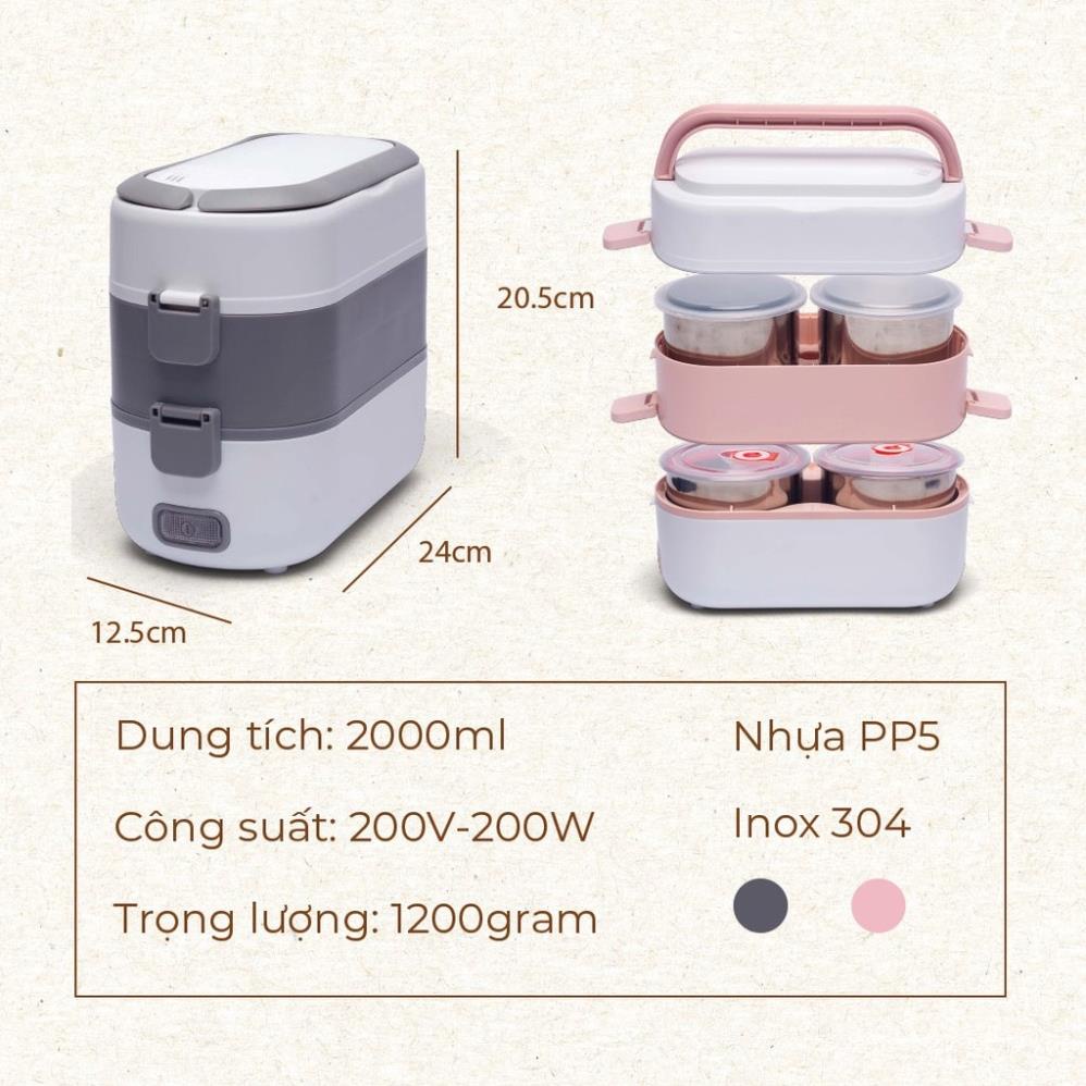 Hộp cơm cắm điện văn phòng 2 tầng 4 khay inox giữ nhiệt, tự nấu chín thưc ăn, hâm nóng đồ ăn bảo hành 12 tháng