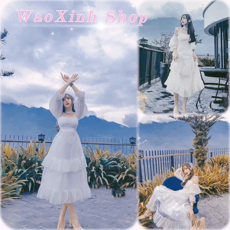 [Ảnh + Clip thật] ĐẦM VÁY MAXI TRẮNG TẦNG TRỄ VAI BOHO VINTAGE BOHEMIAN XINH NHƯ CÔNG CHÚA