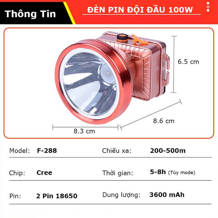 Đèn pin đội đầu 1 bóng siêu sáng chiếu xa 500m, công suất 100W, pin trâu 3600mAh, chống thấm nước IPX6