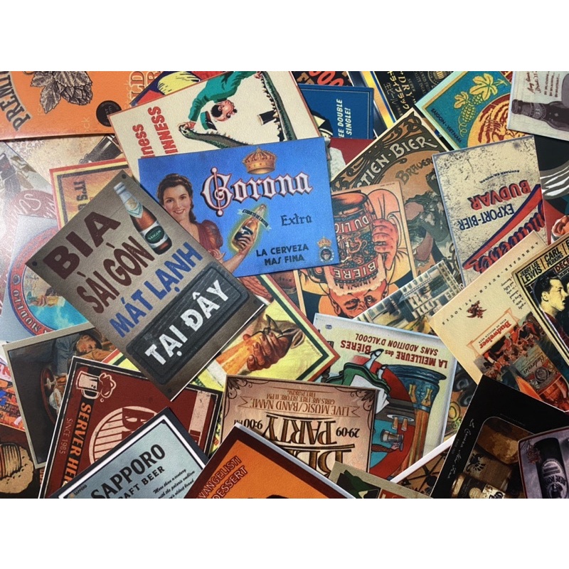 Set 50 sticker chống thấm nước chủ đề bia bọt trang trí hàng quán xe cộ vali laptop nón bảo hiểm