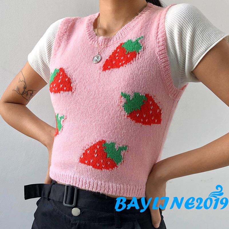 Áo Croptop Không Tay In Hình Quả Dâu Dễ Thương Cho Nữ