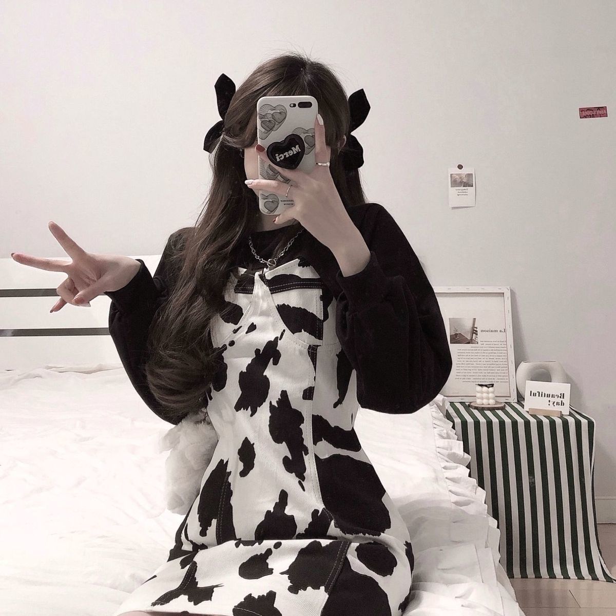 Set Áo Thun Ngắn Tay + Đầm Yếm Họa Tiết Bò Sữa Thời Trang Hè 2021 Cho Nữ | BigBuy360 - bigbuy360.vn