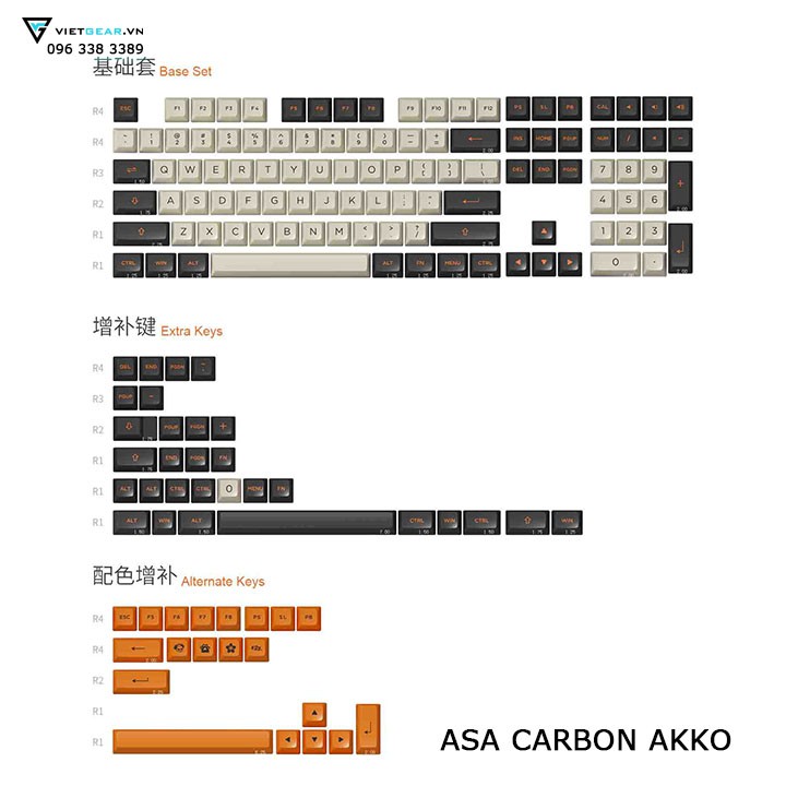 [Mã SKAMSALE03 giảm 10% đơn 200k] Bộ nút bàn phím Akko Carbon ASA profile thick pbt double shot 158 nút