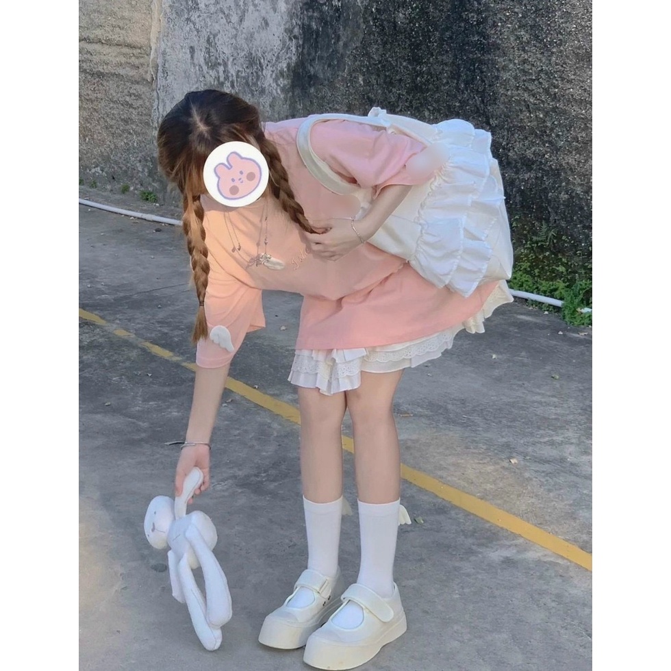 Áo thun nữ tay lỡ form rộng unsiex màu hồng thêu cánh tiên siêu cute chất thun mát Xưởng sỉ nguyễn hoa