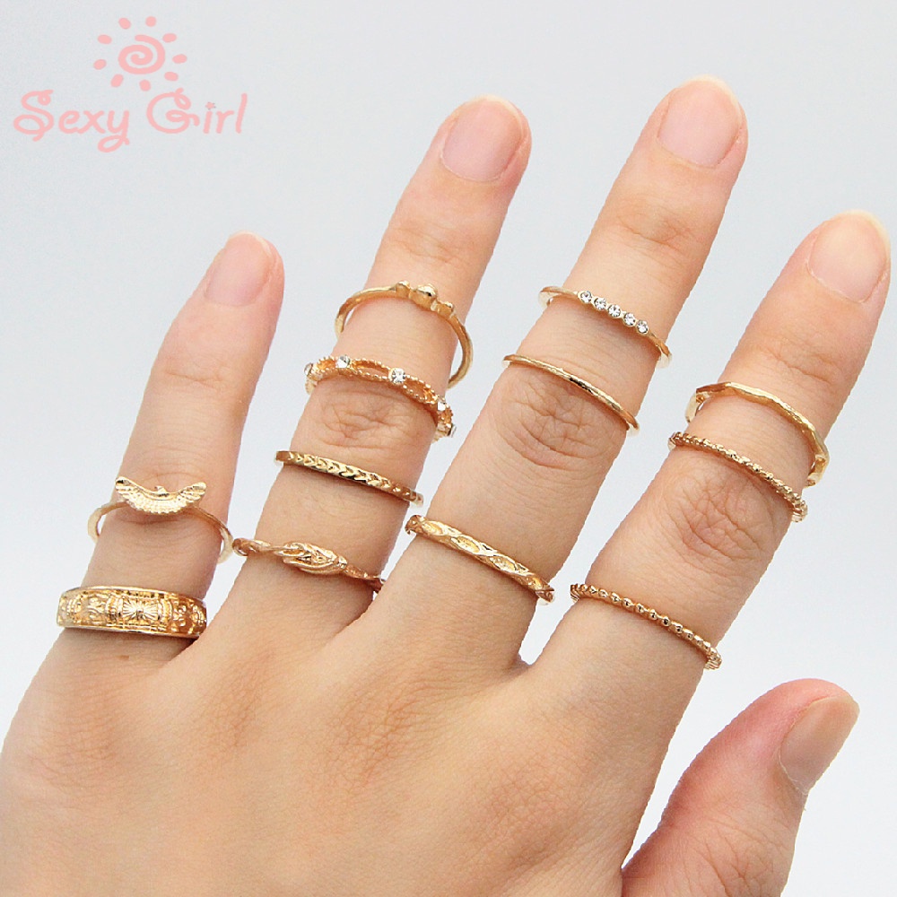 Set 12 Nhẫn Mạ Vàng Đính Đá Phong Cách Boho Quyến Rũ