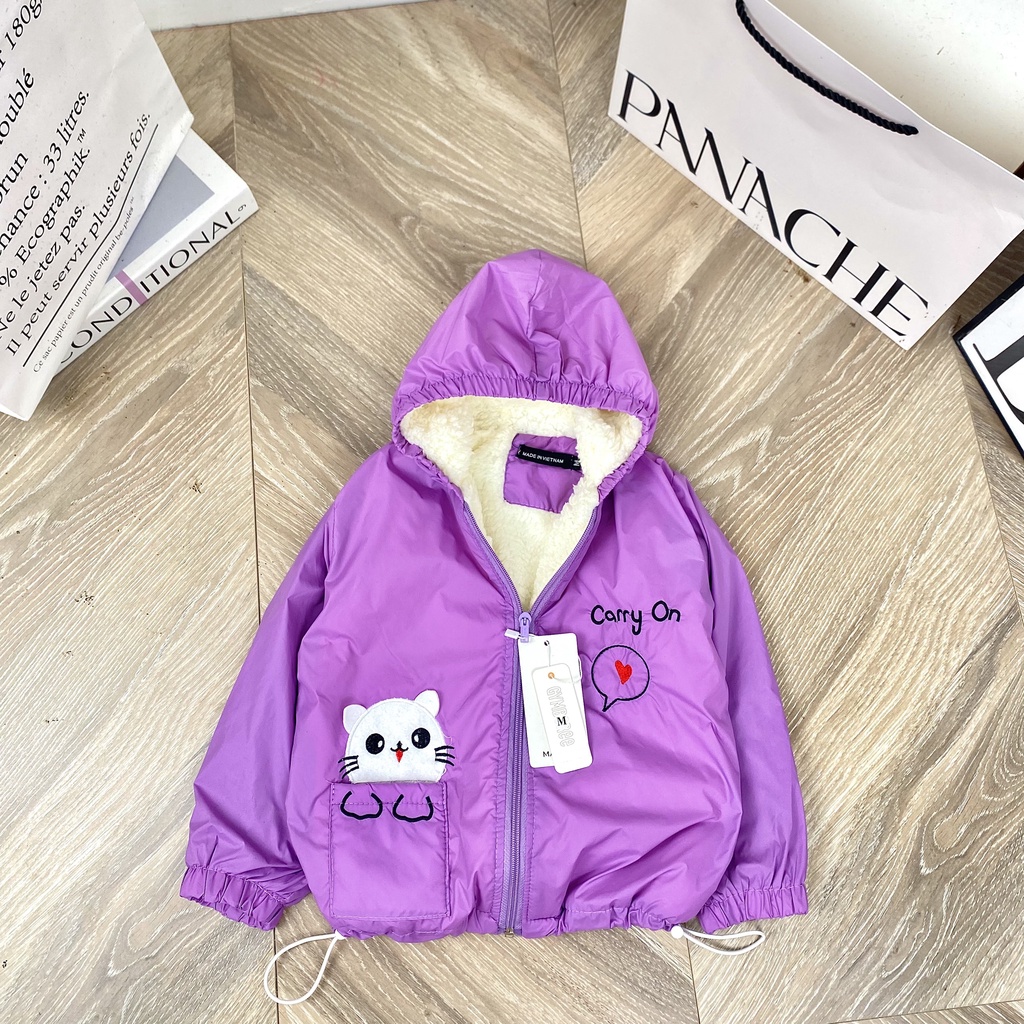 Áo khoác lót lông thêu chữ Carry On cho bé gái 8-25kg