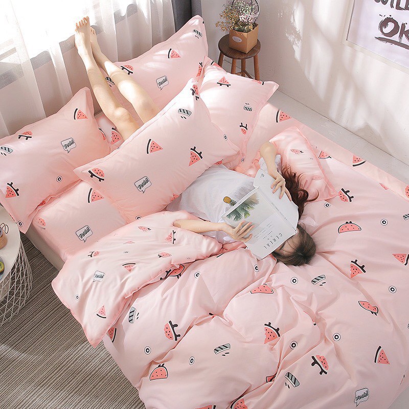 Combo Bộ Chăn Ga Gối 4 Món, 3 Món 💖m2/m4/m6/m8/2m2💖 Cotton Poly 4 Mùa, Ga Giường Dưa Hồng Cute - QueenDecorvn