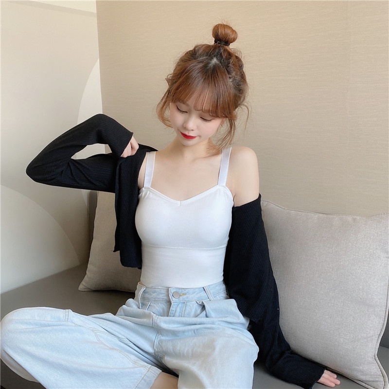 Áo bra nữ cotton tăm 2 dây bản to form dài tôn dáng
