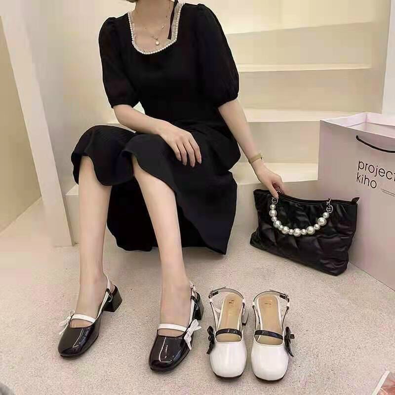 Sandal quai ngang có nơ gót vuông mũi tròn kiểu dáng Vintage gót cao 5 phân kèm ảnh thật