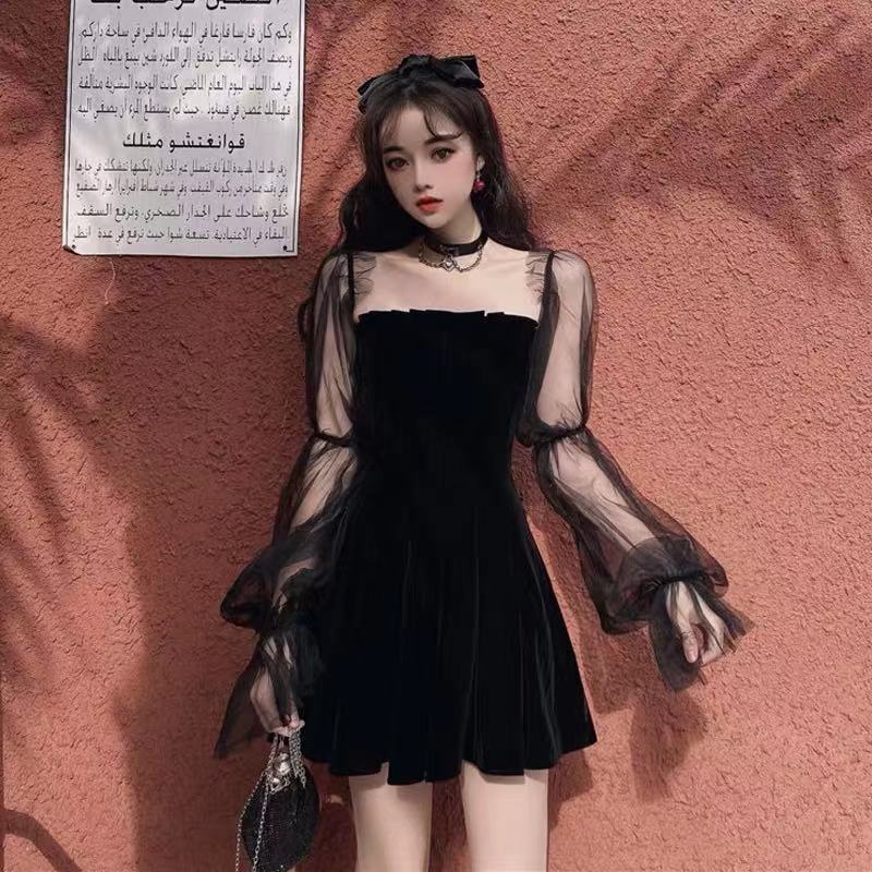 Đầm Ống Tay Dài Lưng Cao Phối Lưới Xếp Ly Màu Đen Phong Cách Hepburn Dành Cho Nữ