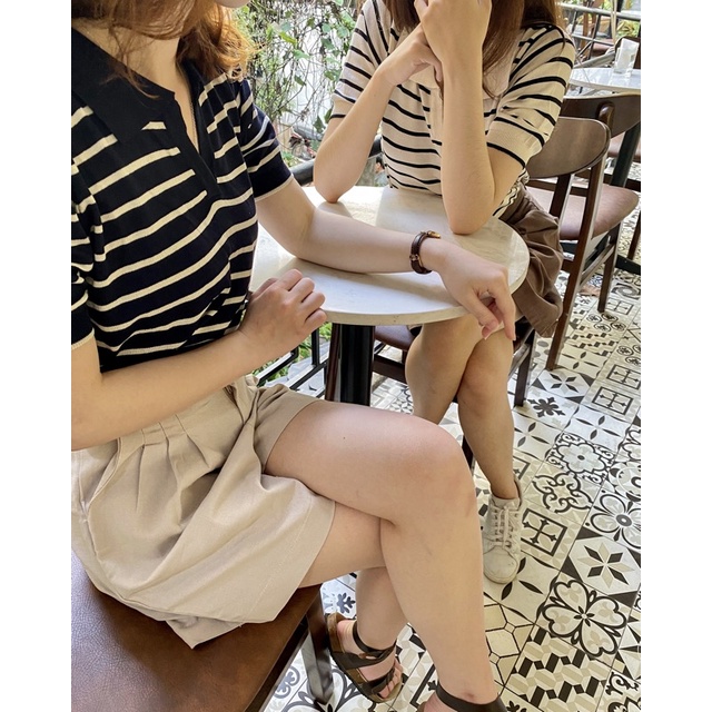 Áo thun len nữ tay ngắn polo kẻ ngang striped shirt màu be hàng loại 1 (Có sẵn - Ảnh thật shop chụp) | BigBuy360 - bigbuy360.vn