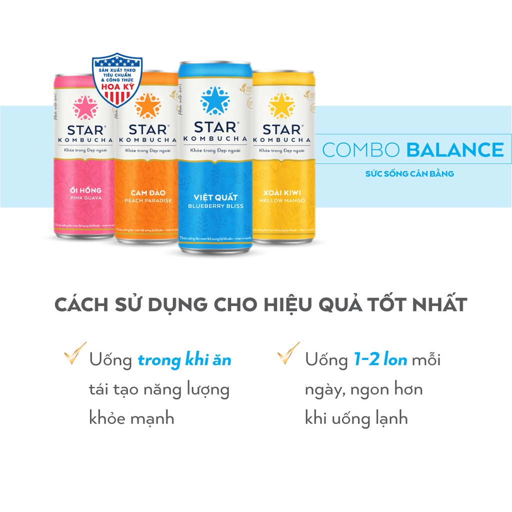 Combo 4 lon mix vị thức uống lên men STAR KOMBUCHA - Balance Pack (250ml/lon)