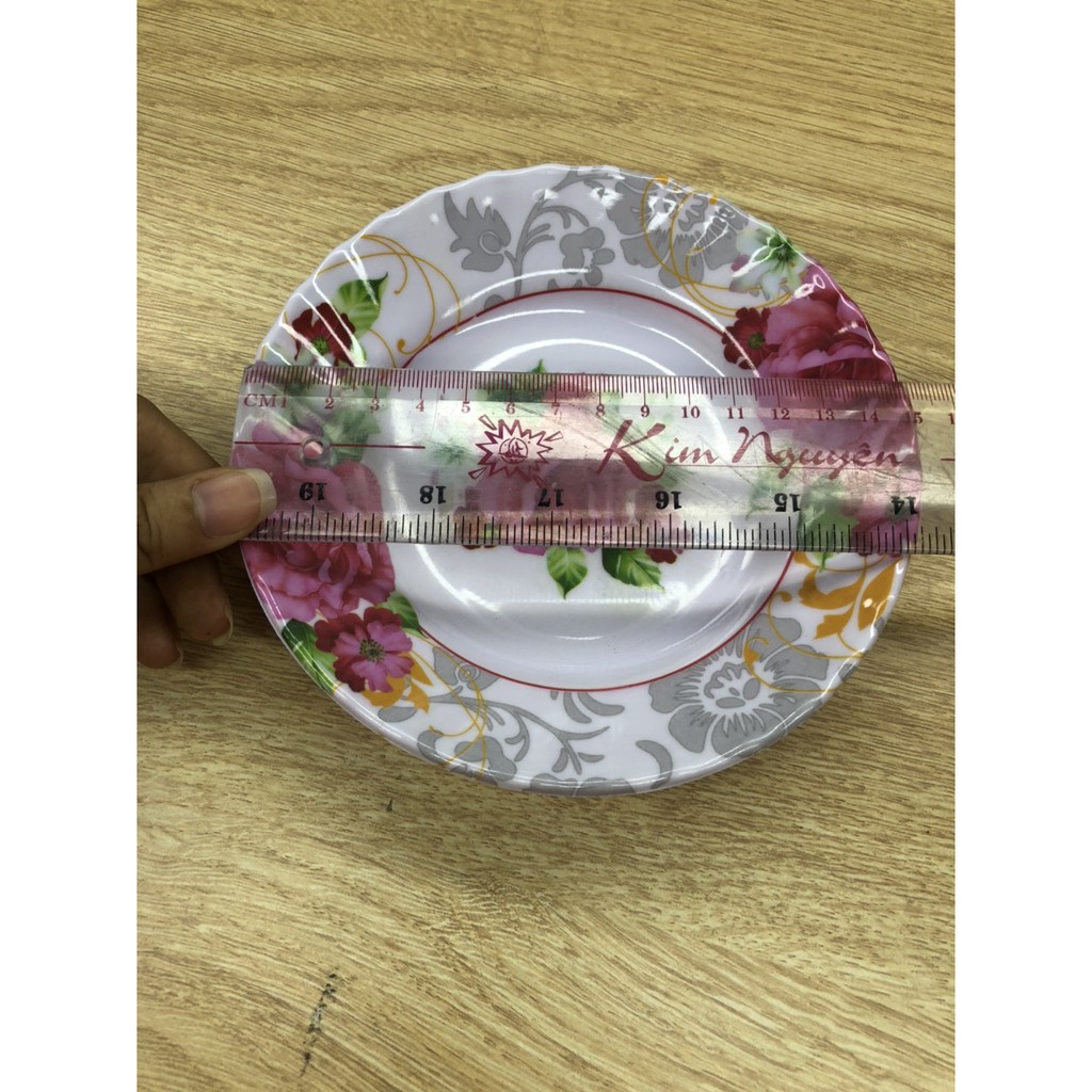 dĩa melamine tròn 16 cm sâu hoa văn bông nền màu trắng ( 1 cái )