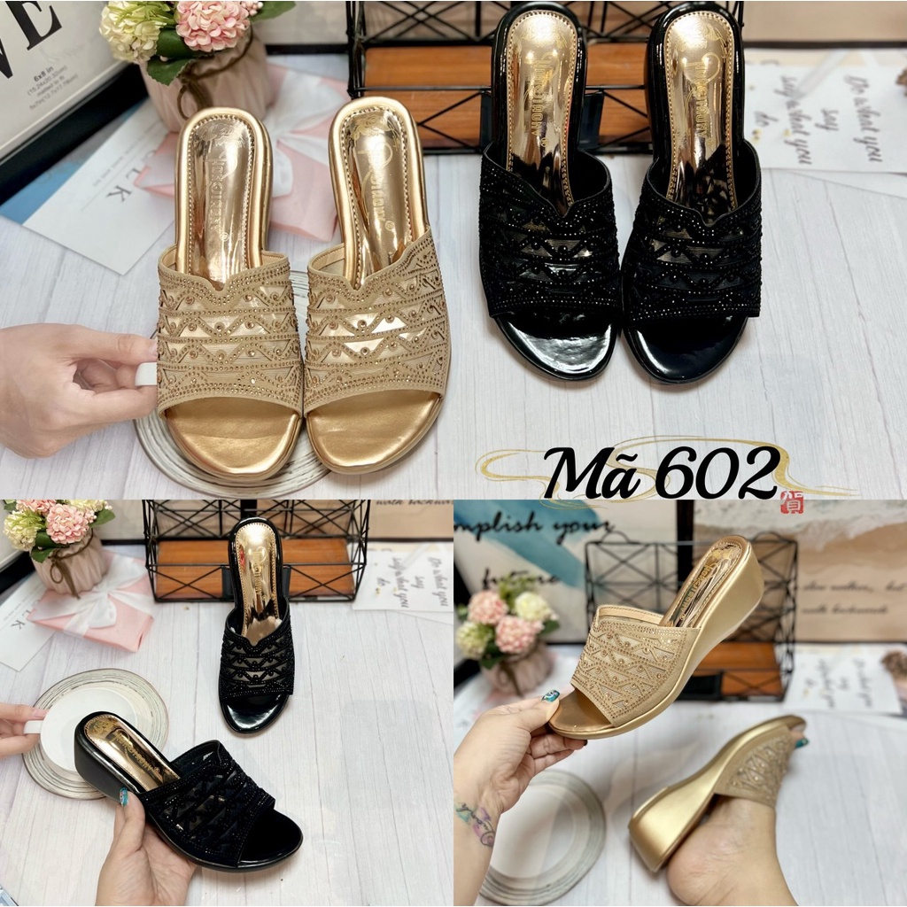 Dép Trung Niên Đính Xoàn Quai Ngang  Dép Đi Tiệc Cao Cấp 602 603 605 607