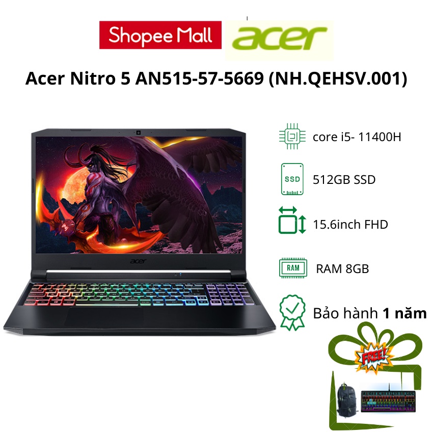 Laptop Acer Nitro 5 AN515-57-5669/ i5-11400H/ RAM 8GB/ 512GSSD/ GTX1650 4GB/ Win11