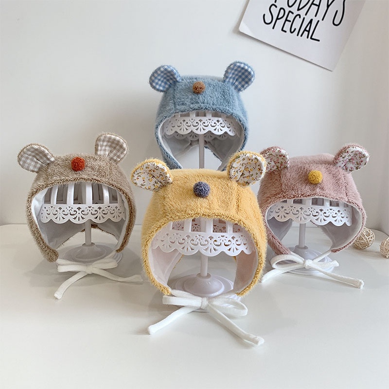 Mũ trùm đầu mềm phối vải lông giữ ấm tai gấu có dây thắt điều chỉnh được đáng yêu dành cho trẻ sơ sinh